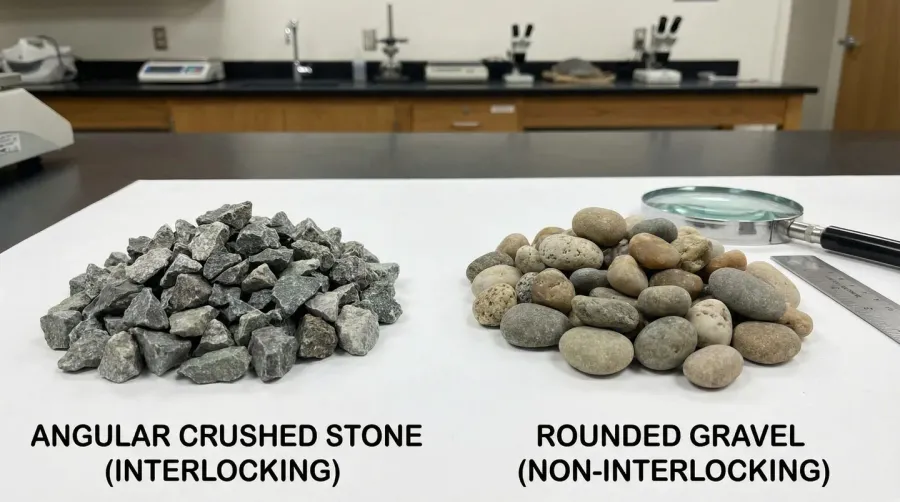 Comparison of angular crushed stone particles versus rounded gravel showing interlocking properties