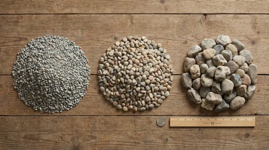 Various sizes of driveway stones laid out showing 3/4 inch crushed stone, pea gravel, and larger stones for comparison