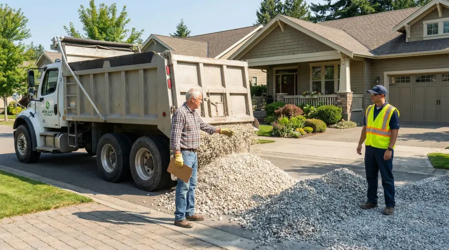 Limestone delivery truck with homeowner checking quantity