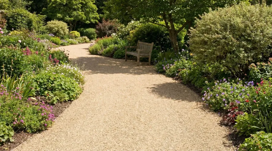 Pea gravel pathway showing smooth walking surface