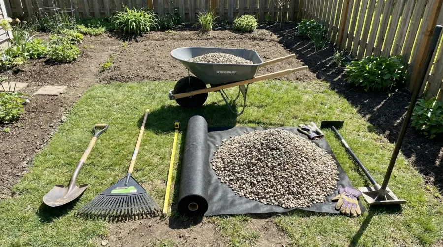 Tools and materials laid out for pea gravel installation