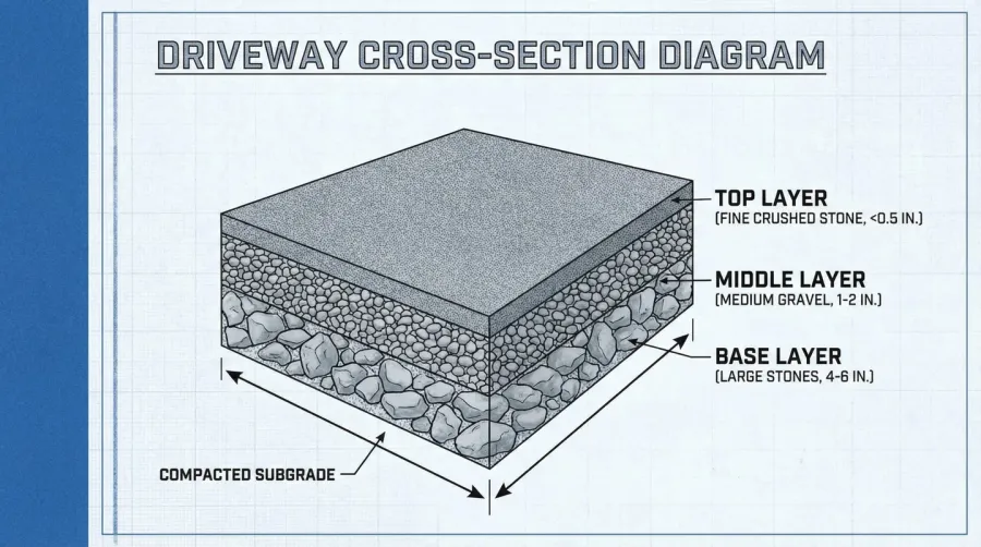Cross-section diagram showing three-layer driveway construction with different stone sizes for base, middle, and top layers