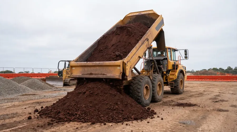 Pile of fill dirt being delivered by truck