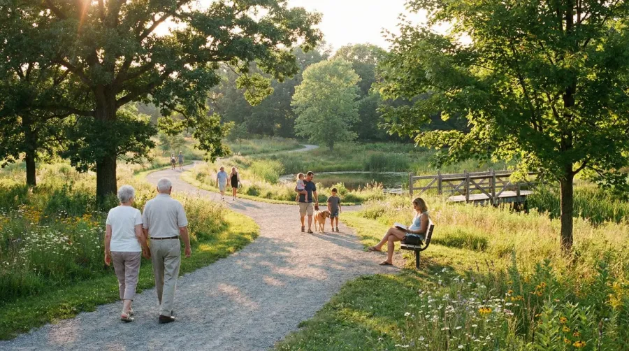 Community park gravel pathway with visitors walking