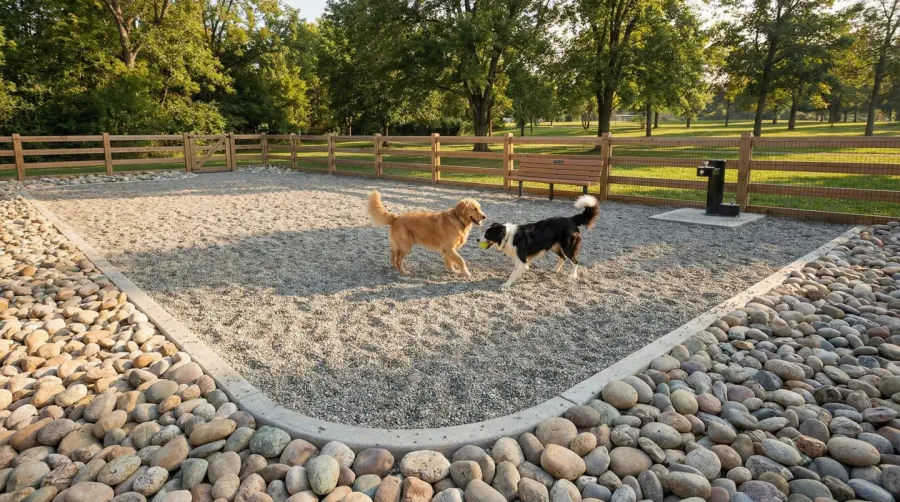 well-maintained dog run with pea gravel surface and river rock border edging