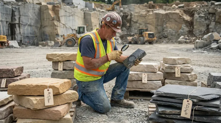 Construction worker examining different types of stones in quarry with price tags