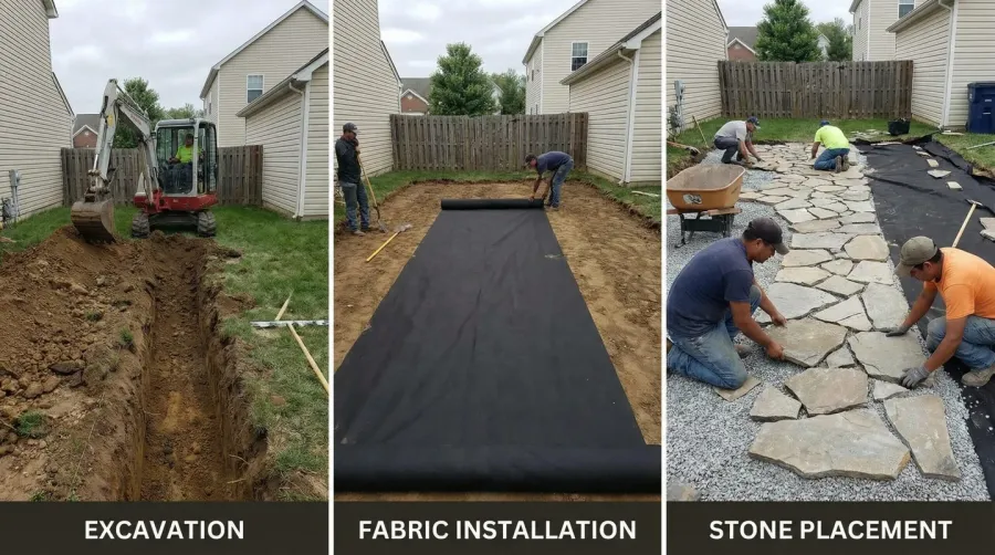 installation process showing excavation, fabric installation, and stone placement