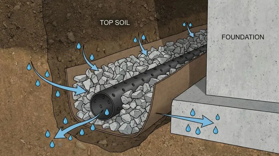 French drain cross-section showing pea gravel layers and perforated pipe installation