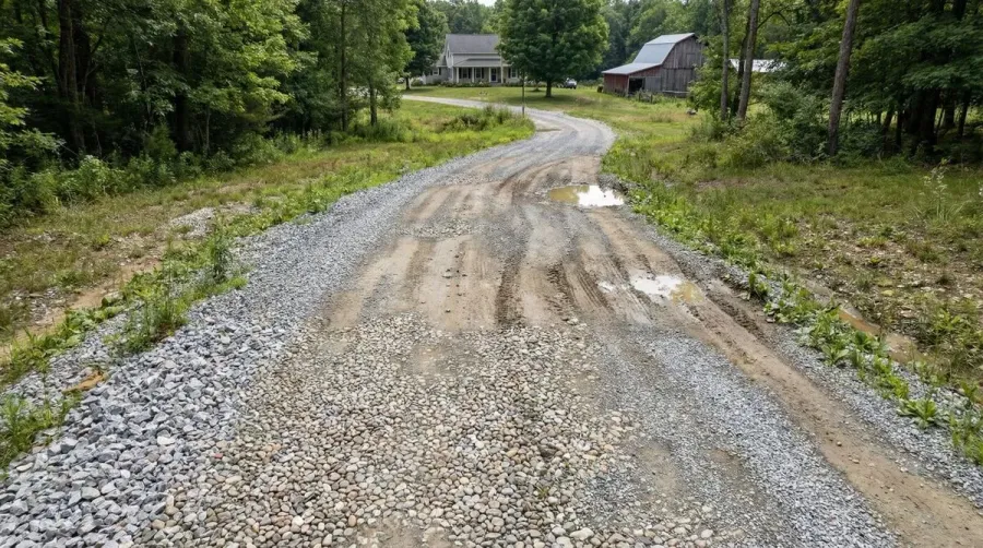 Aerial view of a dirt driveway with gravel layers