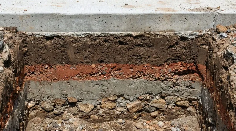 cross-section showing layers of fill dirt composition under concrete