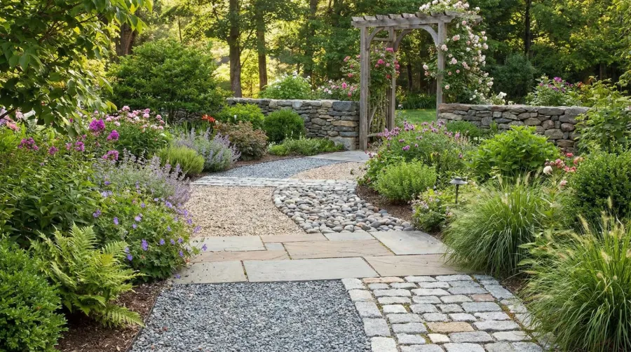 Beautiful gravel walkway through garden showing different stone types