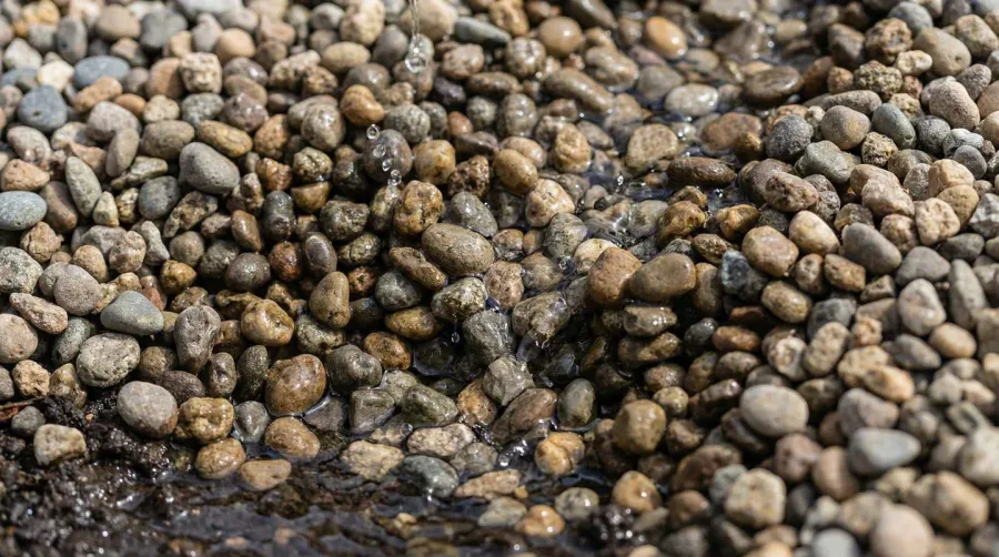 Pea gravel drainage demonstration showing water flowing through stones