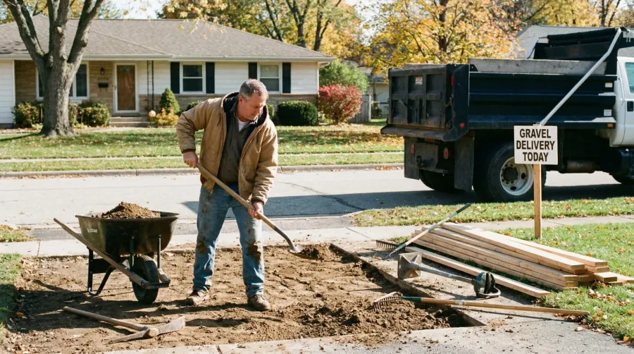 homeowner preparing driveway area for gravel delivery with tools nearby
