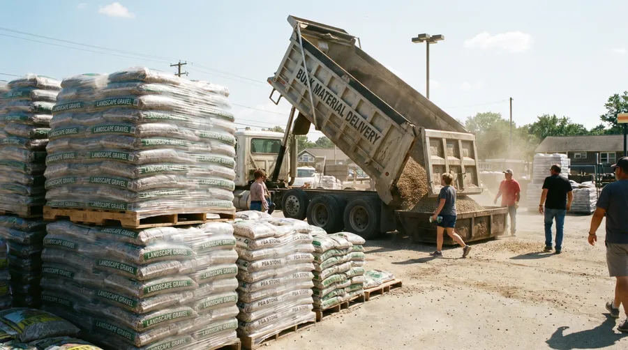 Bags of gravel at hardware store with bulk delivery truck