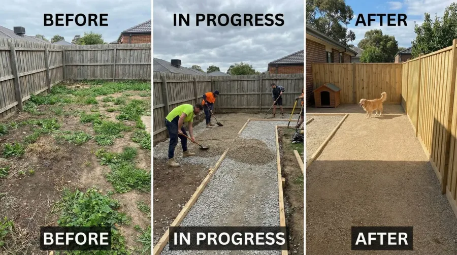 Before and after photos showing dog run installation progress