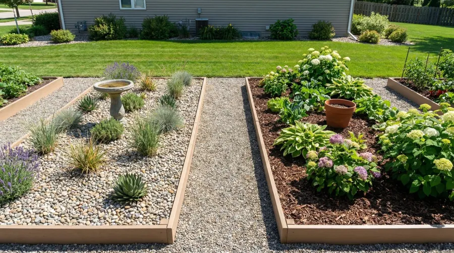 Side by side garden beds with pea gravel and mulch