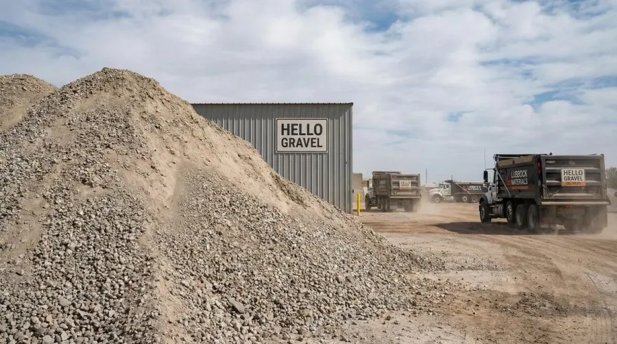 Crushed concrete pile at Hello Gravel facility in Lubbock with delivery trucks in background