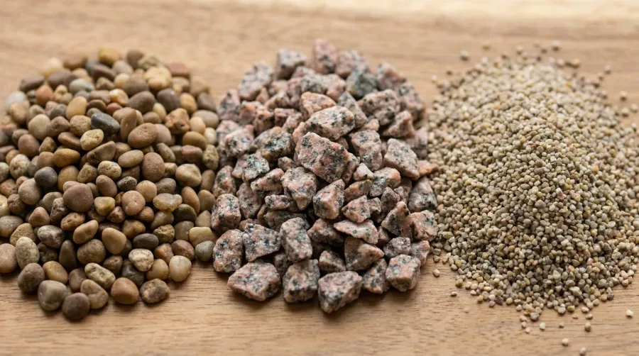 Close-up comparison of different gravel types showing angular vs rounded stones