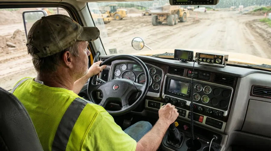 Dump truck driver in cab operating vehicle