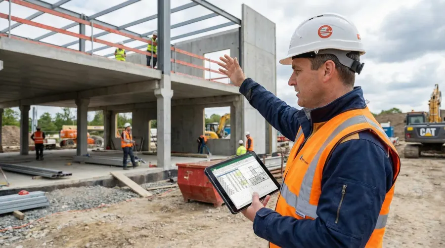 General contractor reviewing construction budget on tablet at job site