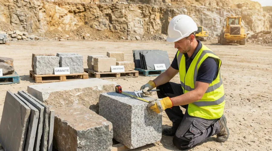 Construction worker examining different types of stone materials at a quarry with measuring equipment
