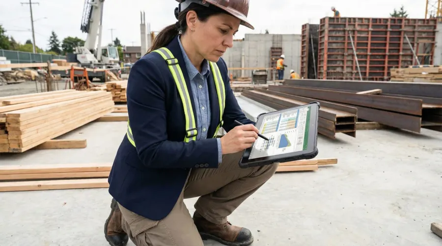 Person using tablet calculator at construction site