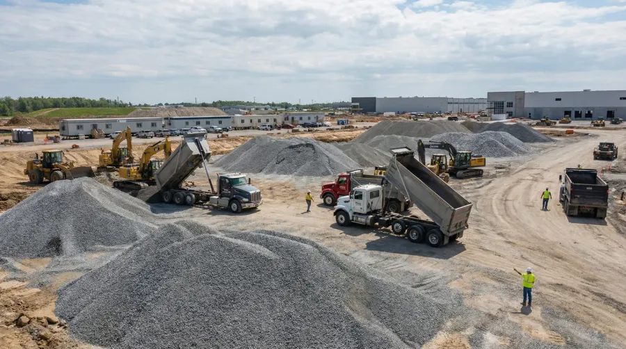 Construction site with gravel and stone materials being delivered