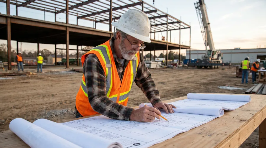 construction worker reviewing blueprints at job site with hard hat and safety vest