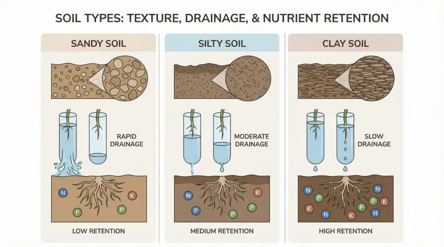 Soil texture comparison table showing drainage rates and nutrient retention