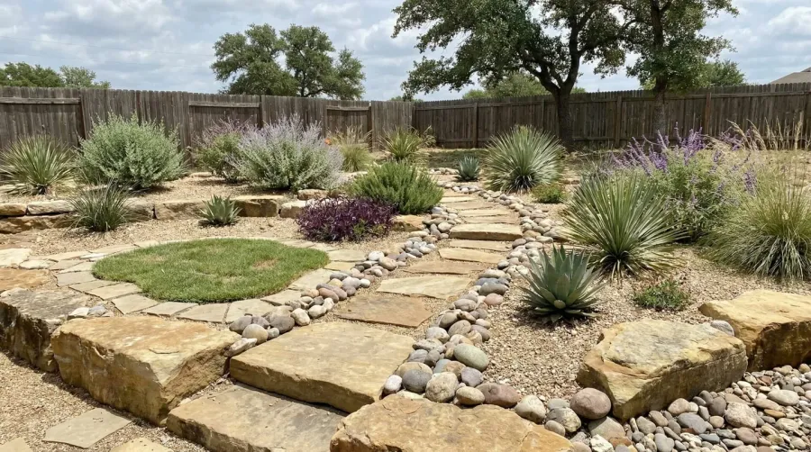 Low maintenance river rock garden in Texas