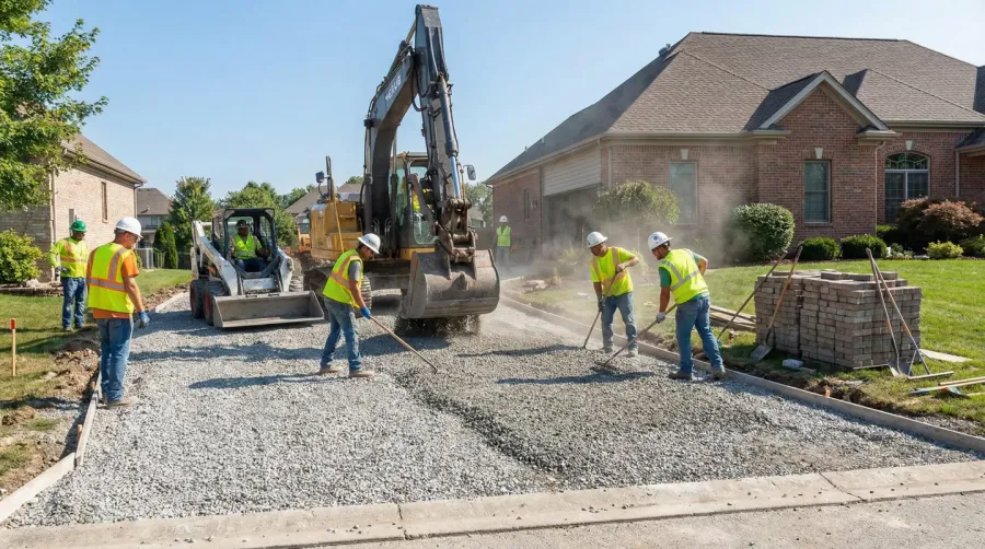 Crushed concrete driveway installation with workers and equipment