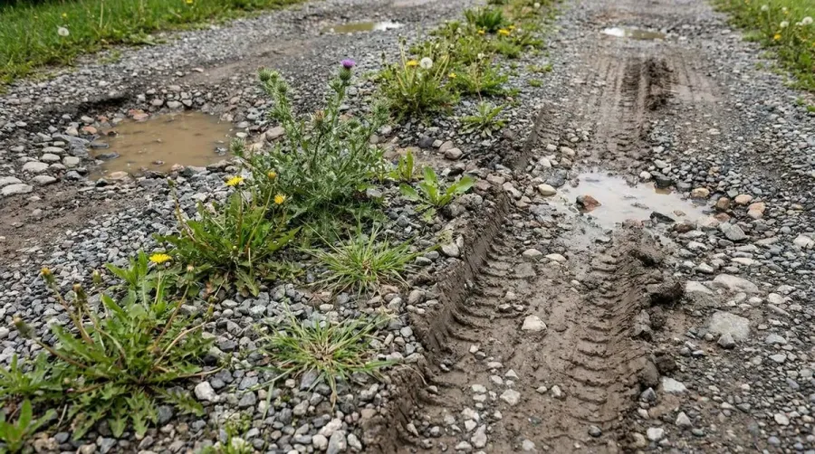 Close-up of common gravel driveway problems: potholes, ruts, and weed growth
