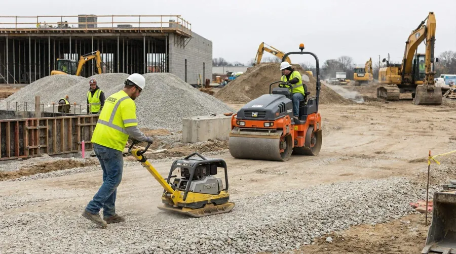 Workers installing stone base with compaction equipment