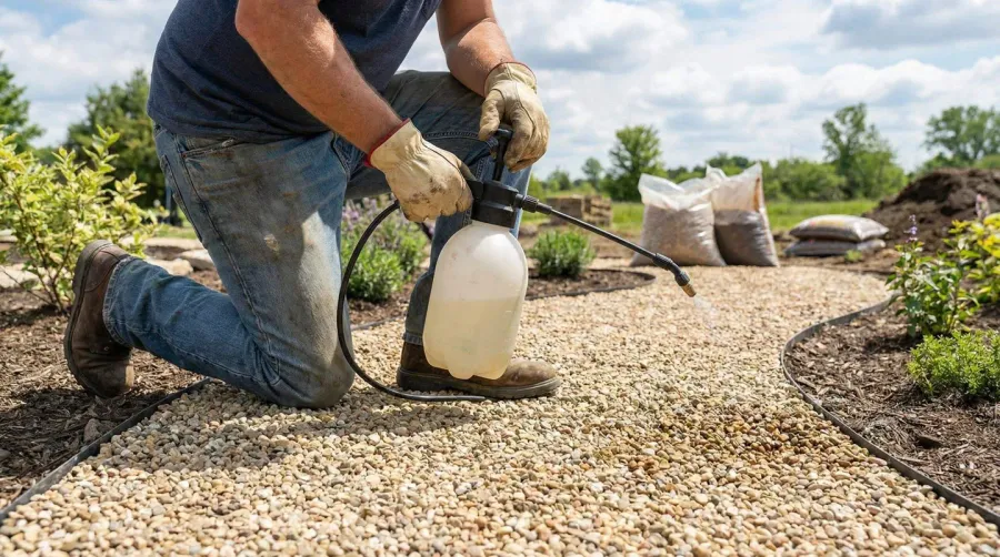 Person applying gravel binder with sprayer on pea gravel pathway