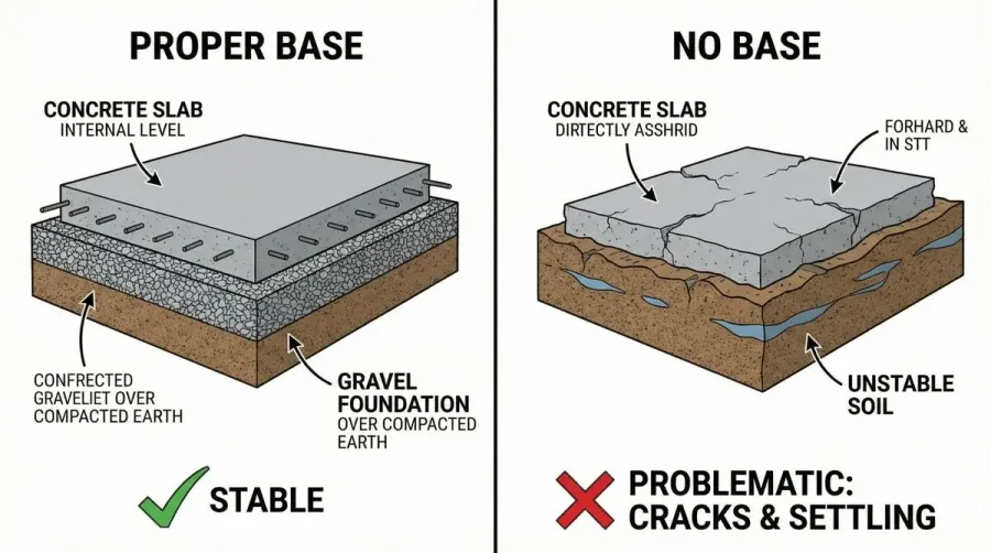 Comparison of concrete slabs with and without gravel base foundation