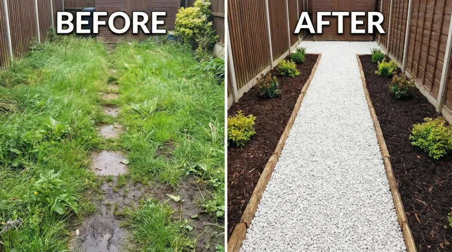 Before and after transformation showing white pea gravel garden pathway installation