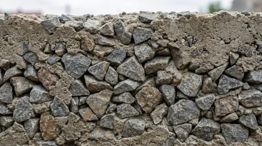 Close-up view of angular crushed stone pieces interlocking together forming a solid concrete base foundation