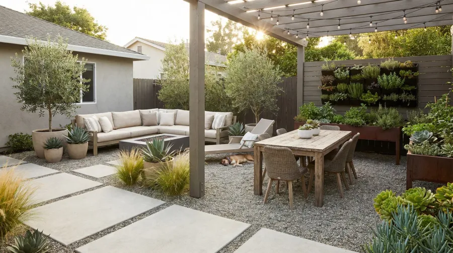 modern gravel backyard patio with comfortable seating and plants