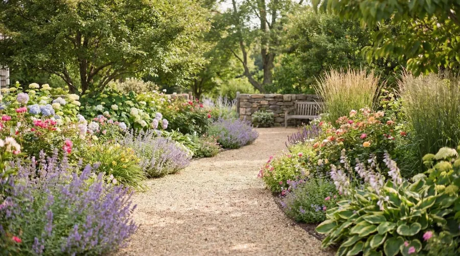 Pea gravel pathway through garden landscaping