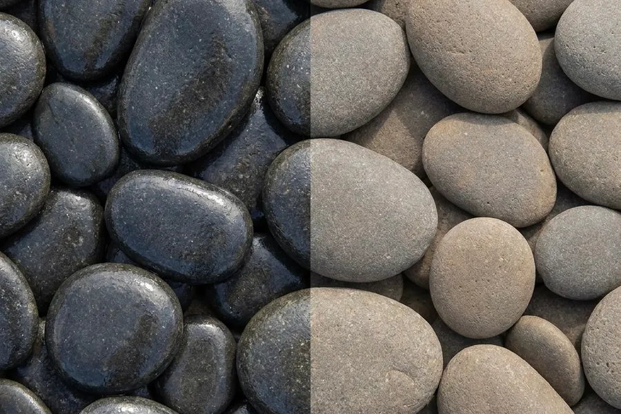 Mexican beach pebbles wet and near-black on the left, dry and light grey on the right