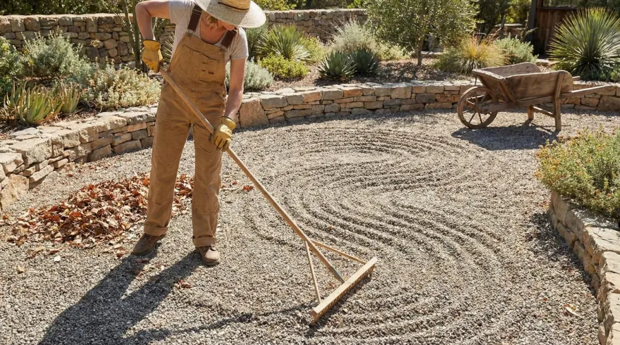 Person raking gravel garden creating neat patterns