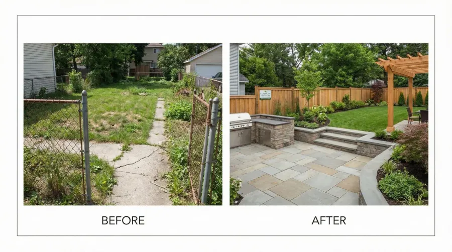 before and after photos of professional landscaping project showing quality workmanship