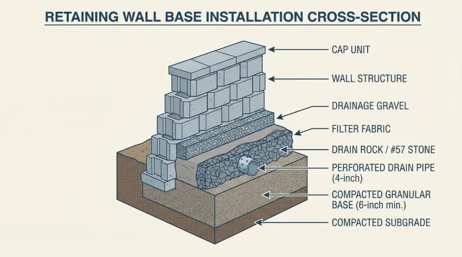 Retaining wall base installation cross-section diagram showing drainage and layers