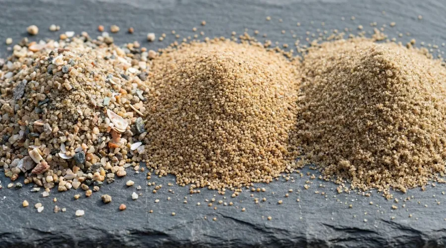 Close-up comparison photos of sharp sand, builders sand, and polymeric sand