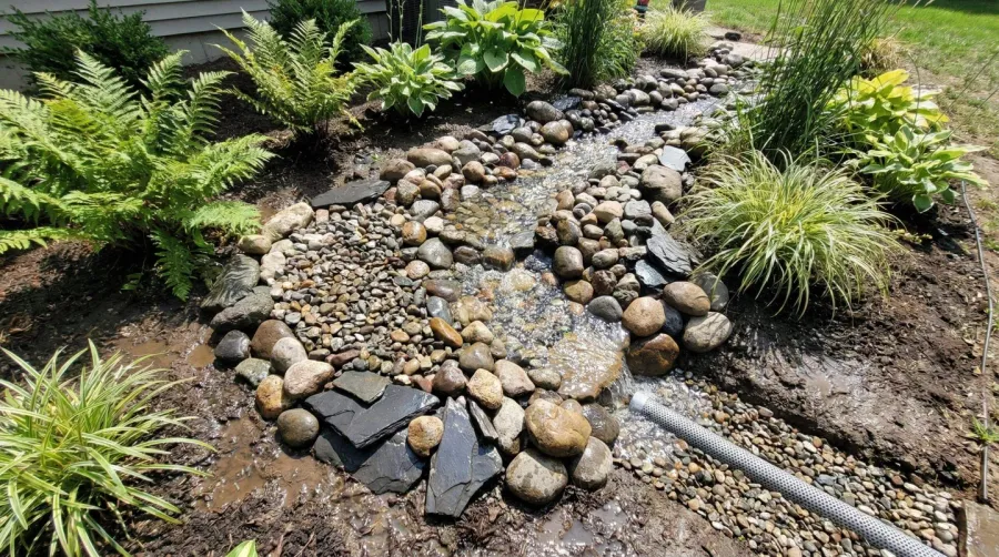 drainage rocks in garden bed showing water flowing through