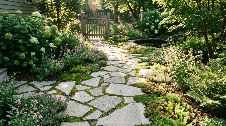 Garden path made from broken concrete pieces with plants