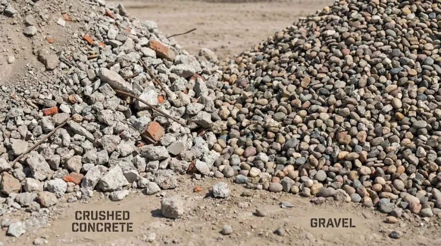 Comparison of crushed concrete and gravel materials side by side