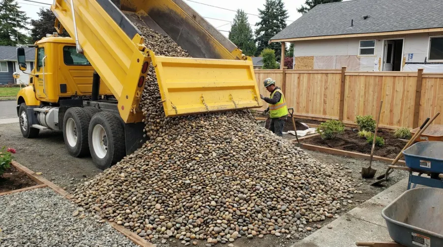 Bulk river pebbles delivery truck for landscaping project
