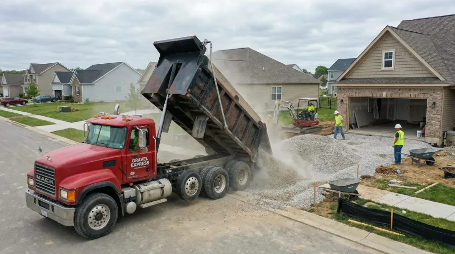 Dump truck delivering gravel to a residential driveway construction site