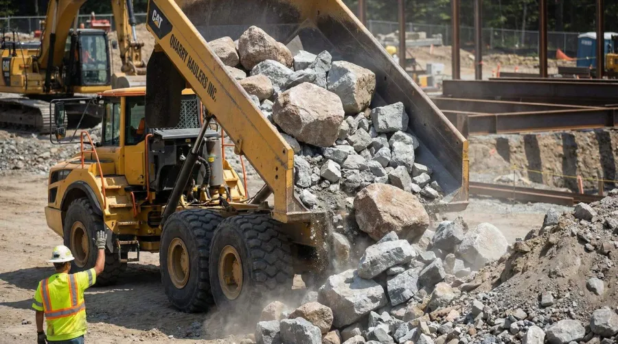 Quarry rock delivery truck unloading granite and limestone at construction site